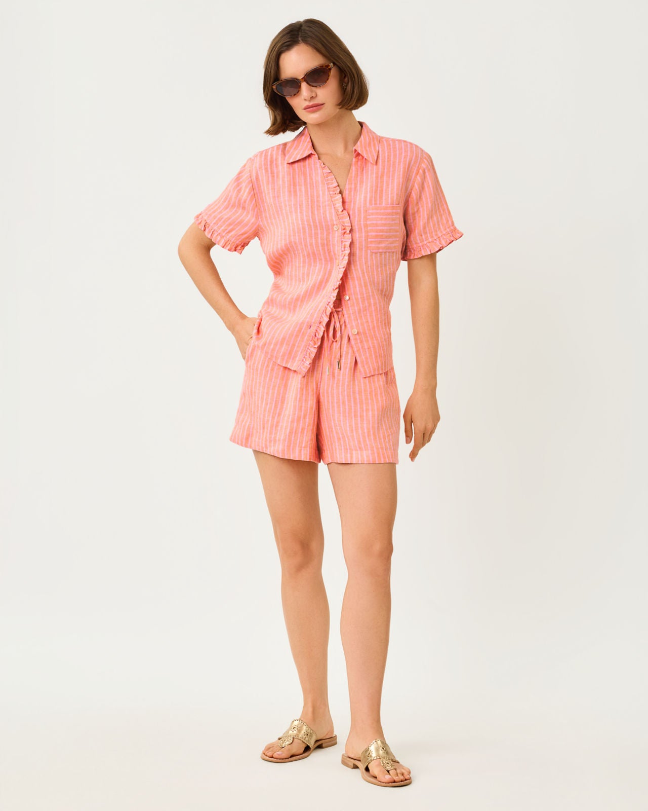 Carden Ruffle Top In Sunset Orange X Conch Shell Pink Stripe