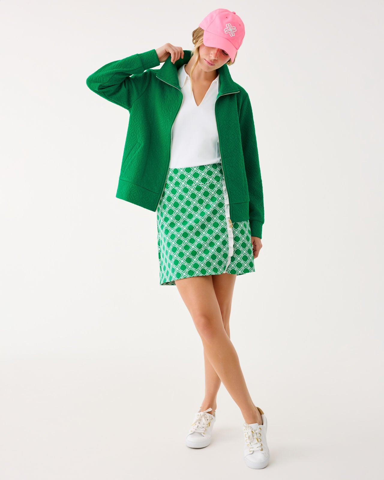 Eleni Zip-Up In Bamboo Green Butterfly Quilted Knit