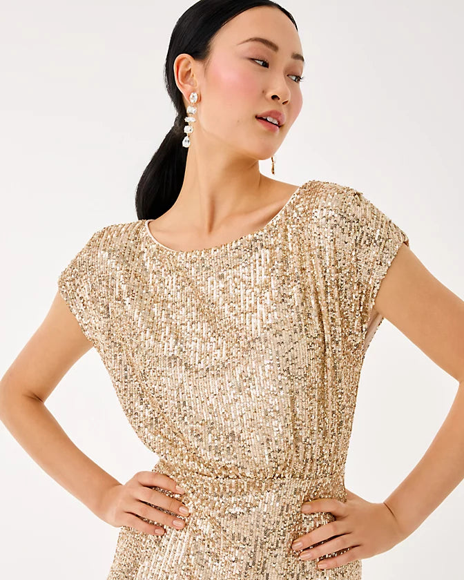 Aylin Sequin Midi Dress In Gold Metallic Treasure Box Sequin Knit