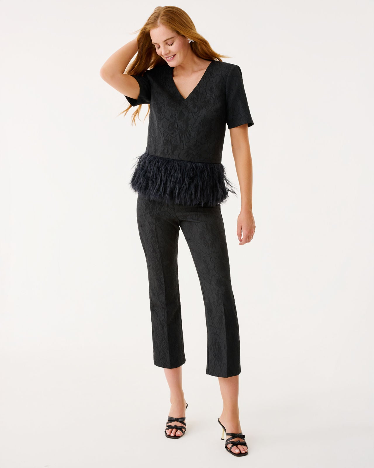 Rylan V-Neck Top In Noir Exploded Flower Stretch Jacquard