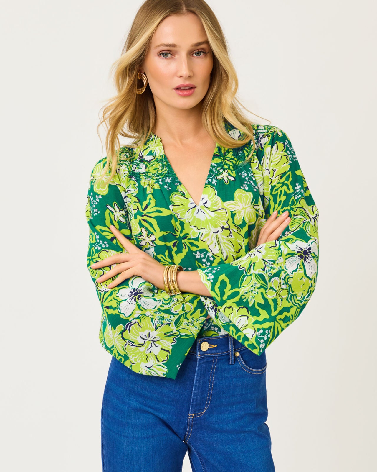 Lourdes Long Sleeve Top In Fiddle Leaf Green Once And Floral