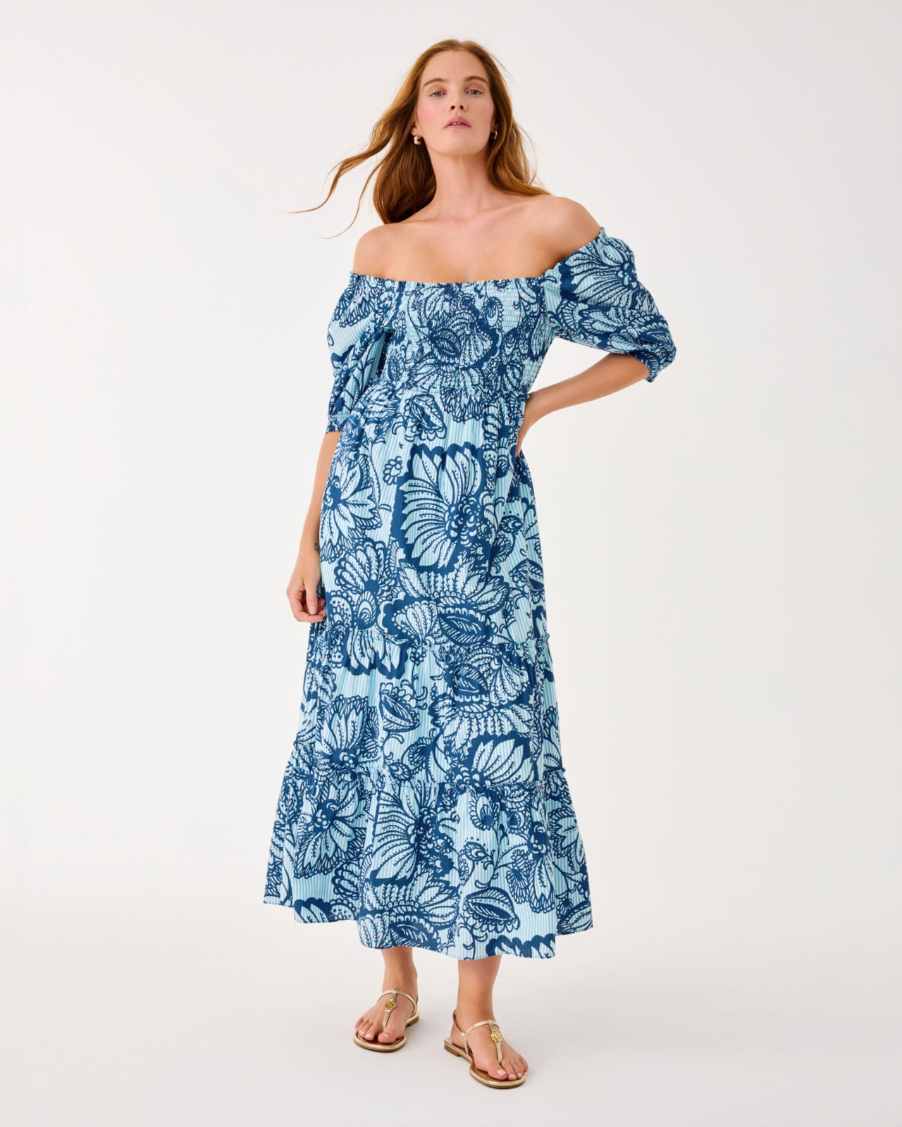 Hadly Short Sleeve Smocked Maxi Dress In Starlight Navy Proud As A Peacock