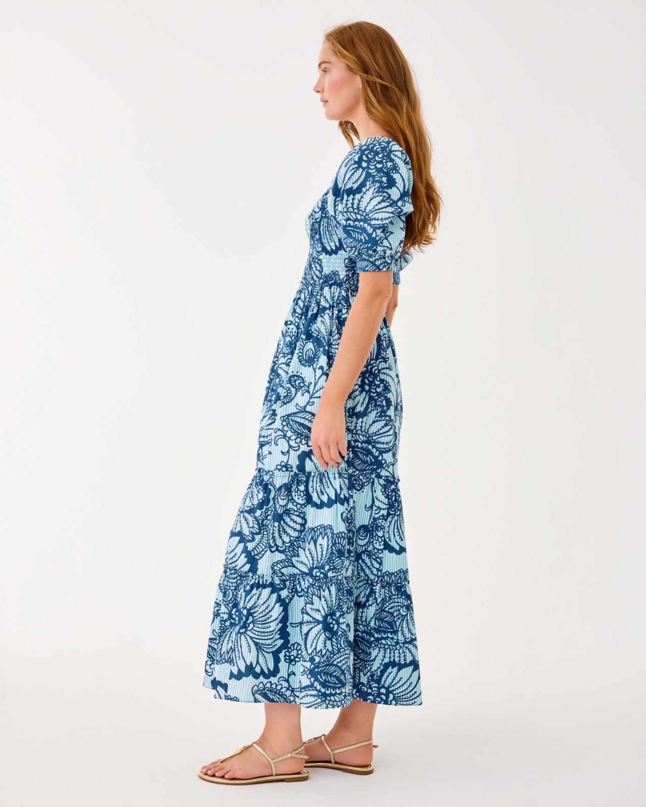 Hadly Short Sleeve Smocked Maxi Dress In Starlight Navy Proud As A Peacock