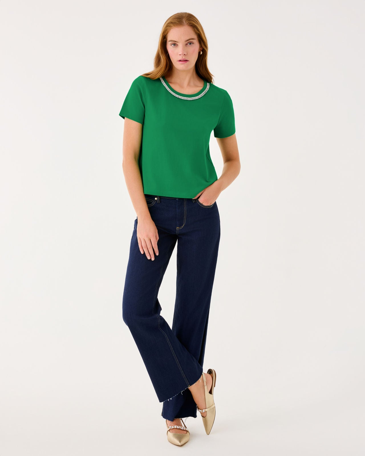 Clairmont Rhinestone Knit Top In Bamboo Green