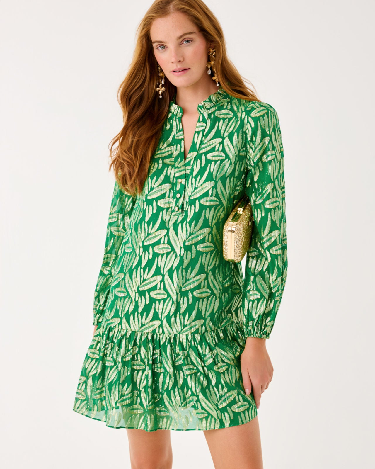 Evaline Silk Dress In Bamboo Green Leafy Babe Metallic Silk Clip