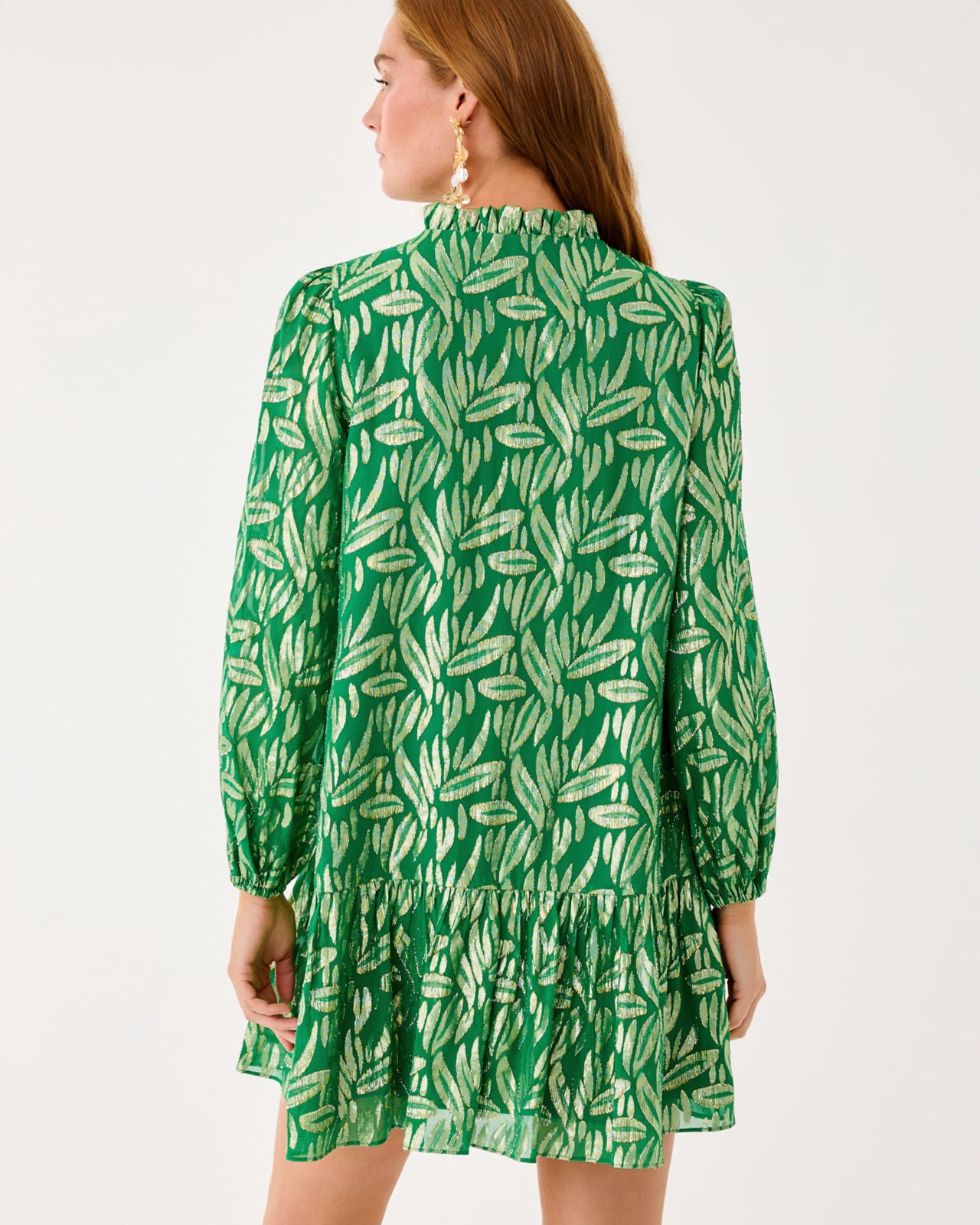 Evaline Silk Dress In Bamboo Green Leafy Babe Metallic Silk Clip
