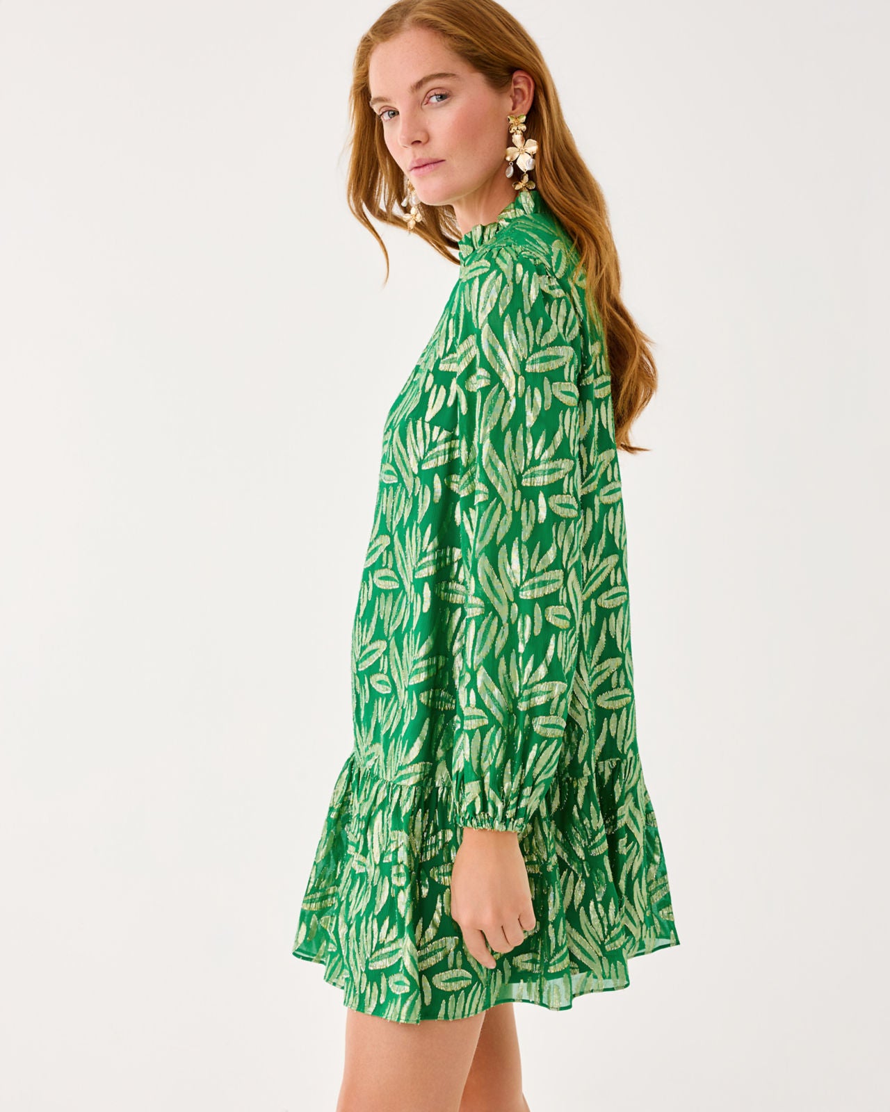 Evaline Silk Dress In Bamboo Green Leafy Babe Metallic Silk Clip