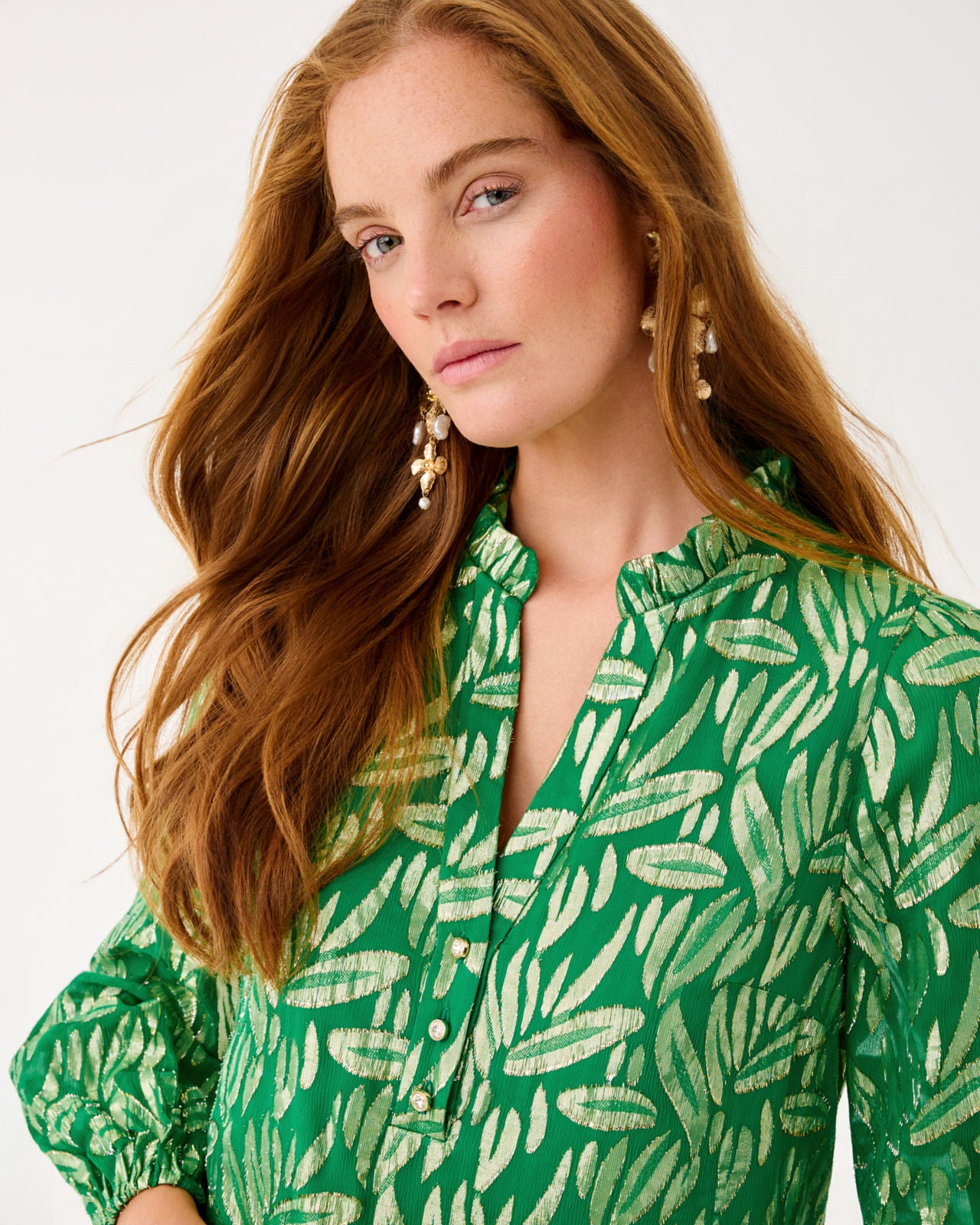 Evaline Silk Dress In Bamboo Green Leafy Babe Metallic Silk Clip