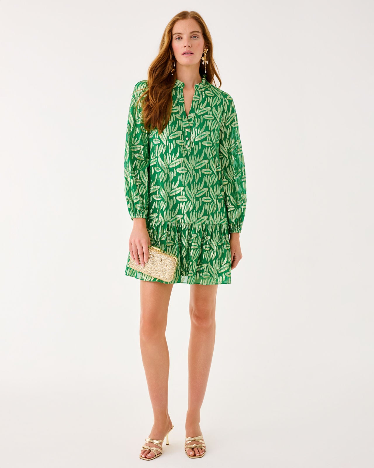 Evaline Silk Dress In Bamboo Green Leafy Babe Metallic Silk Clip