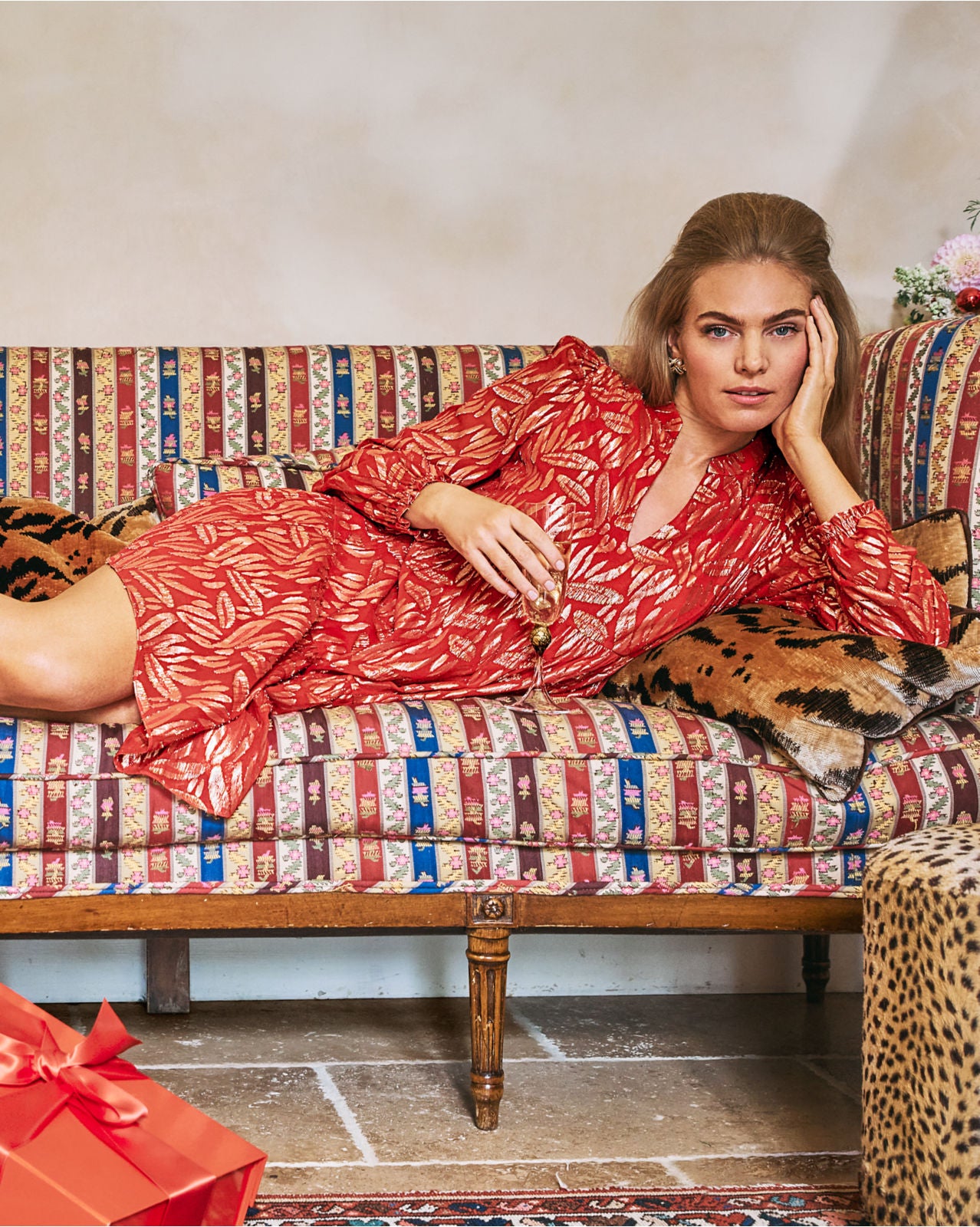 Cornellia Silk Dress In Cranberry Red Leafy Babe Metallic Silk Clip