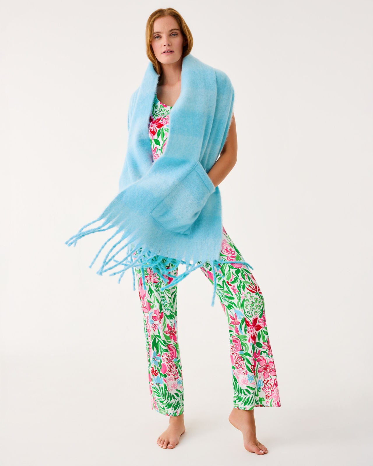 Camelia Fringe Wrap In Bellevue Blue X Hydra Blue