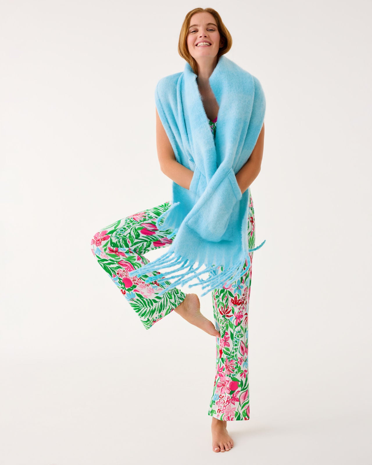 Camelia Fringe Wrap In Bellevue Blue X Hydra Blue