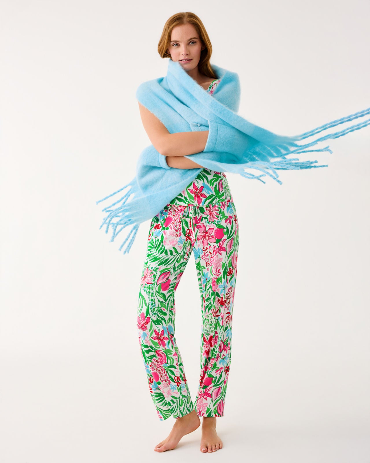 Camelia Fringe Wrap In Bellevue Blue X Hydra Blue