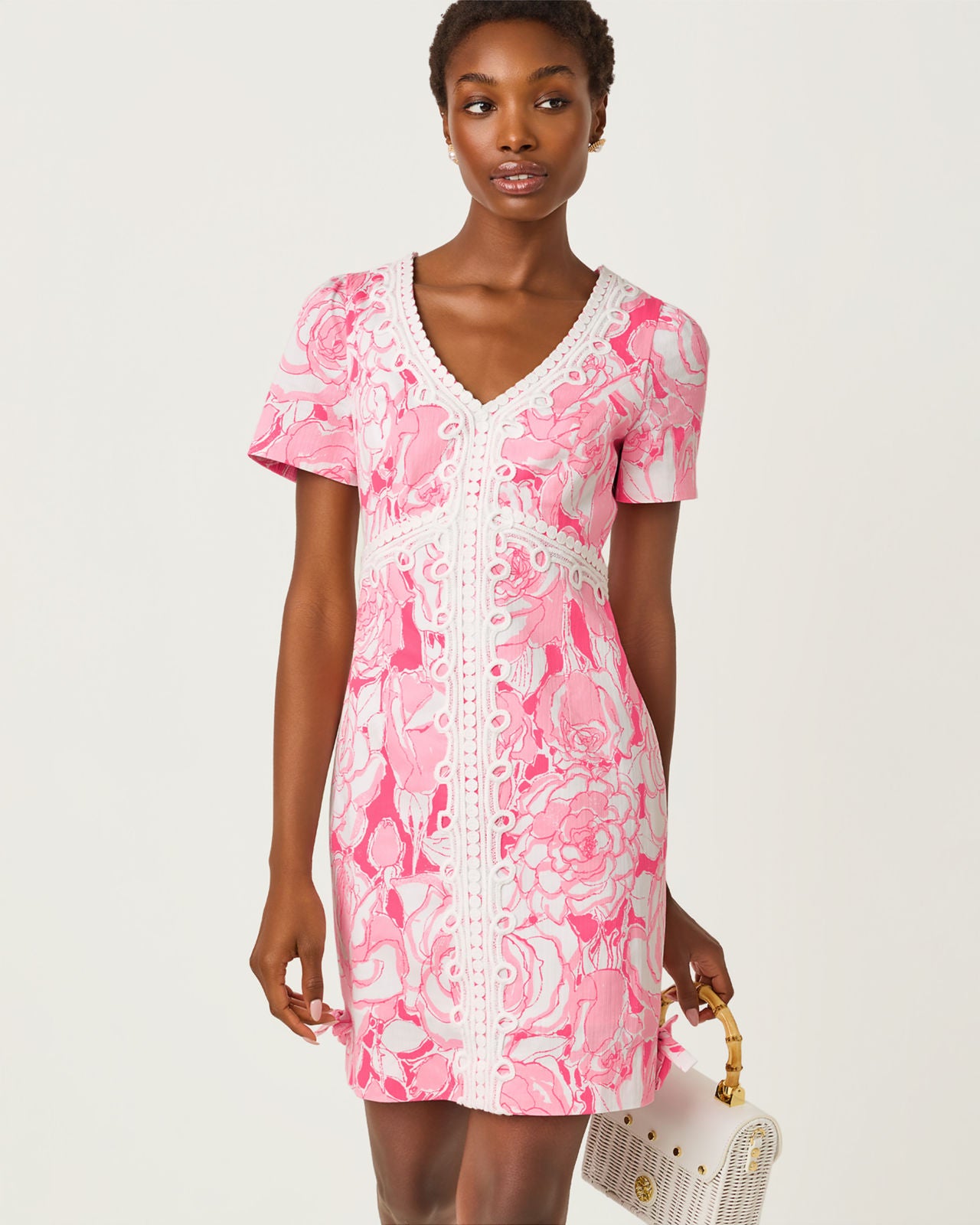 Evita Short Sleeve Stretch Shift Dress In Confetti Pink Rosanna