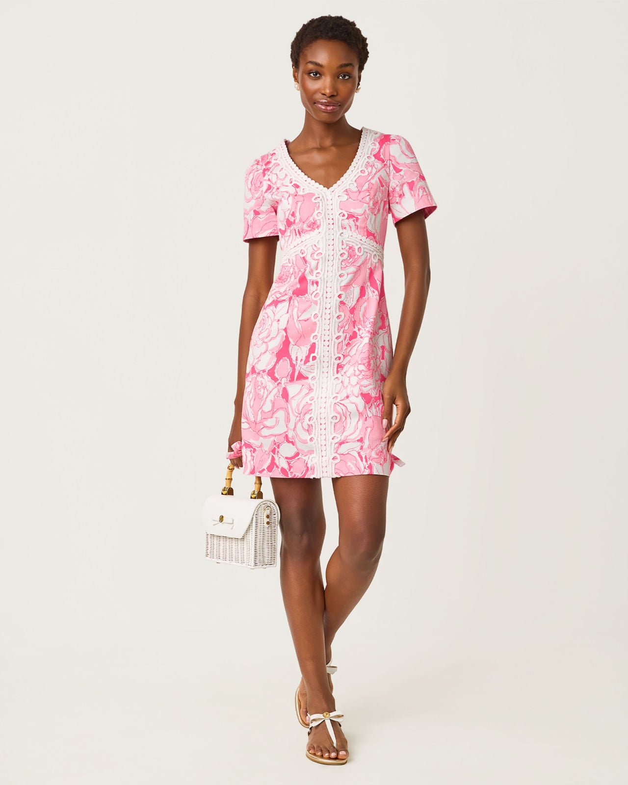Evita Short Sleeve Stretch Shift Dress In Confetti Pink Rosanna