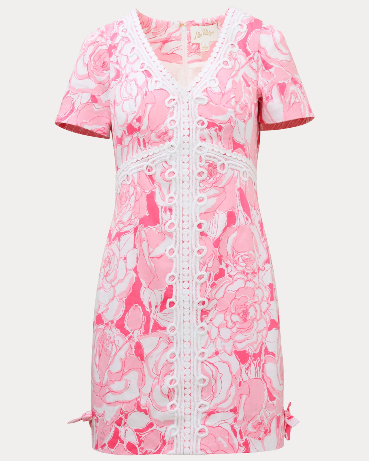 Evita Short Sleeve Stretch Shift Dress In Confetti Pink Rosanna