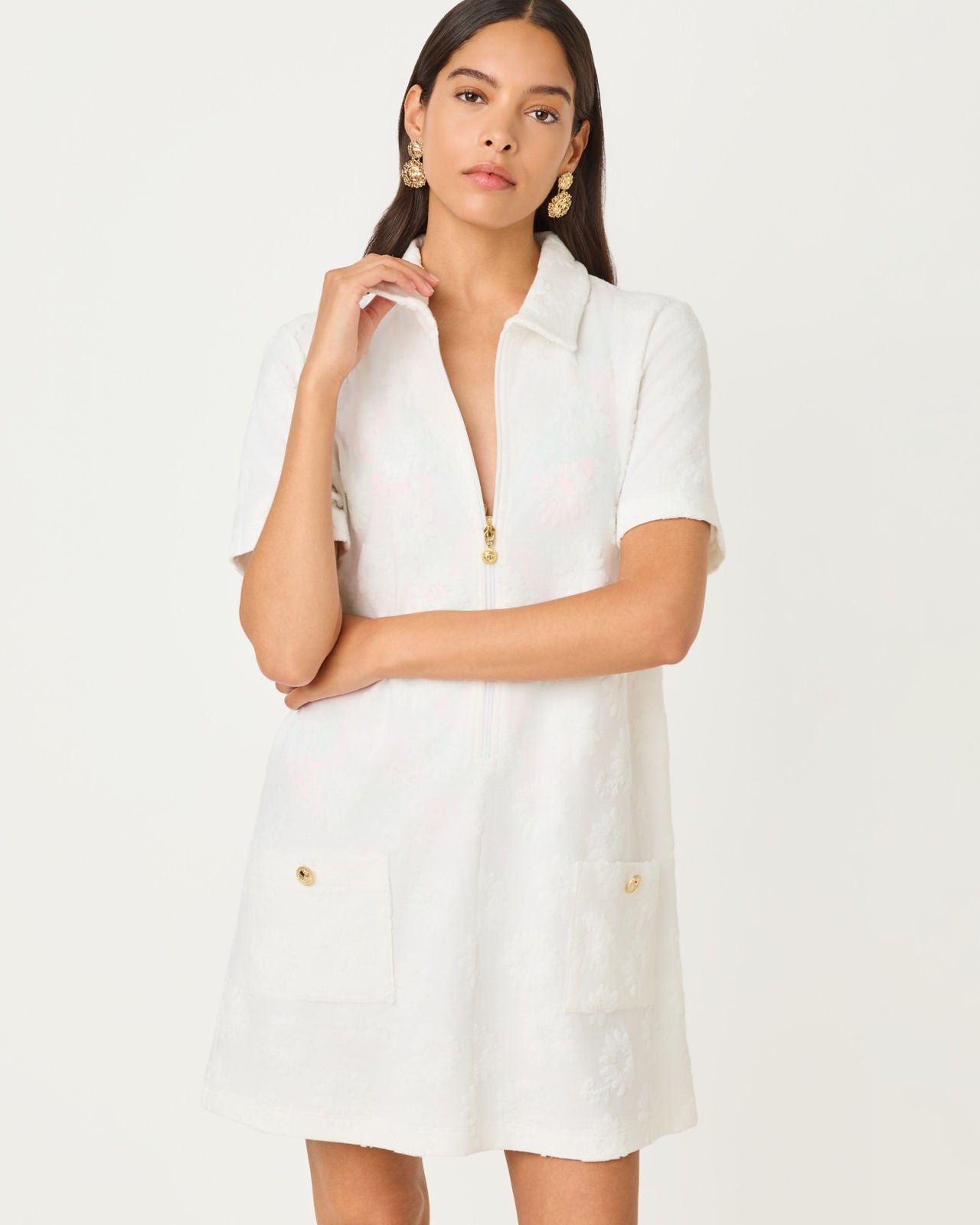 Brayton Short Sleeve Terry Coverup In Resort White Sunny Daisies
