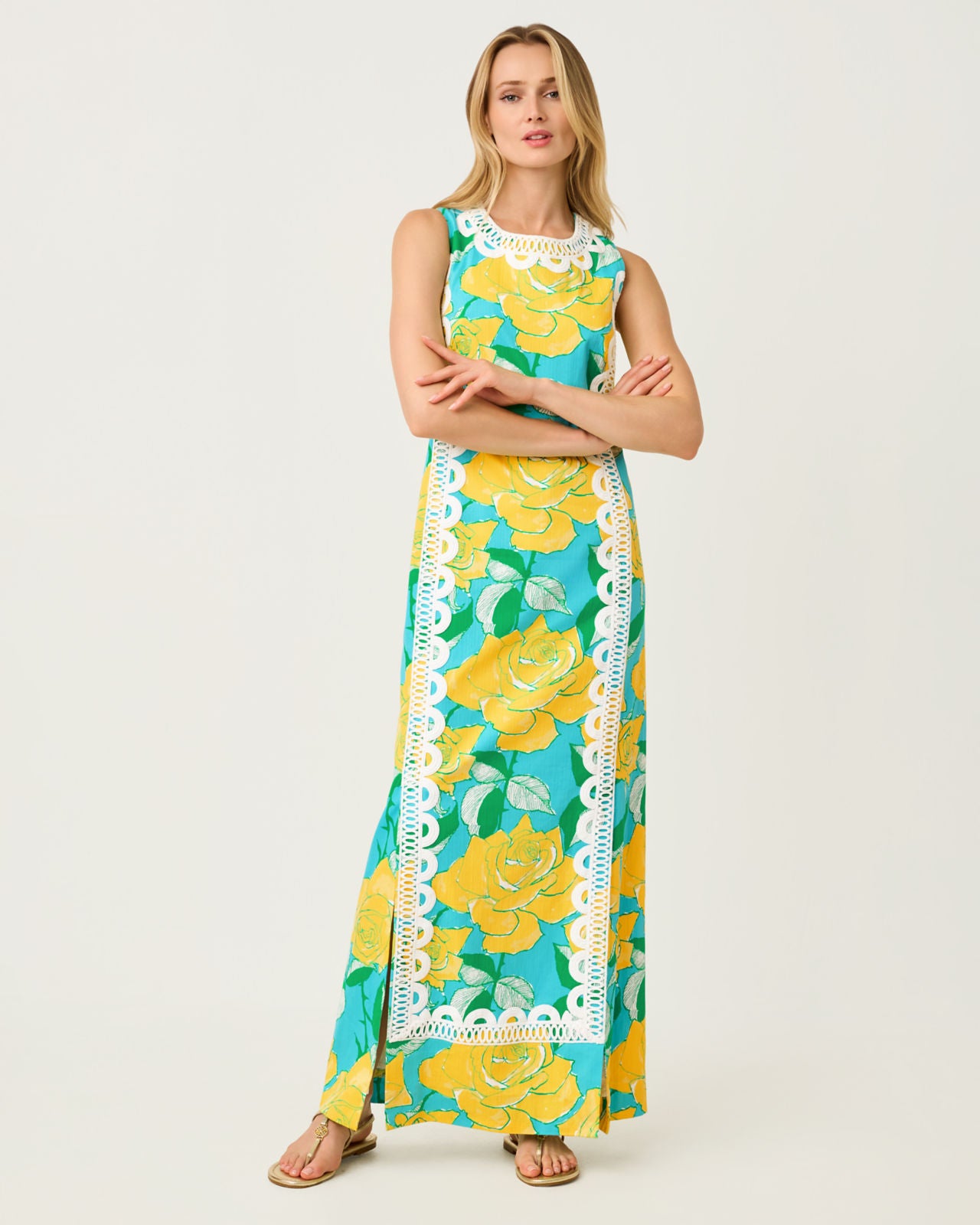 Lotta Stretch Maxi Shift Dress In Blue Curacao Rose Bud