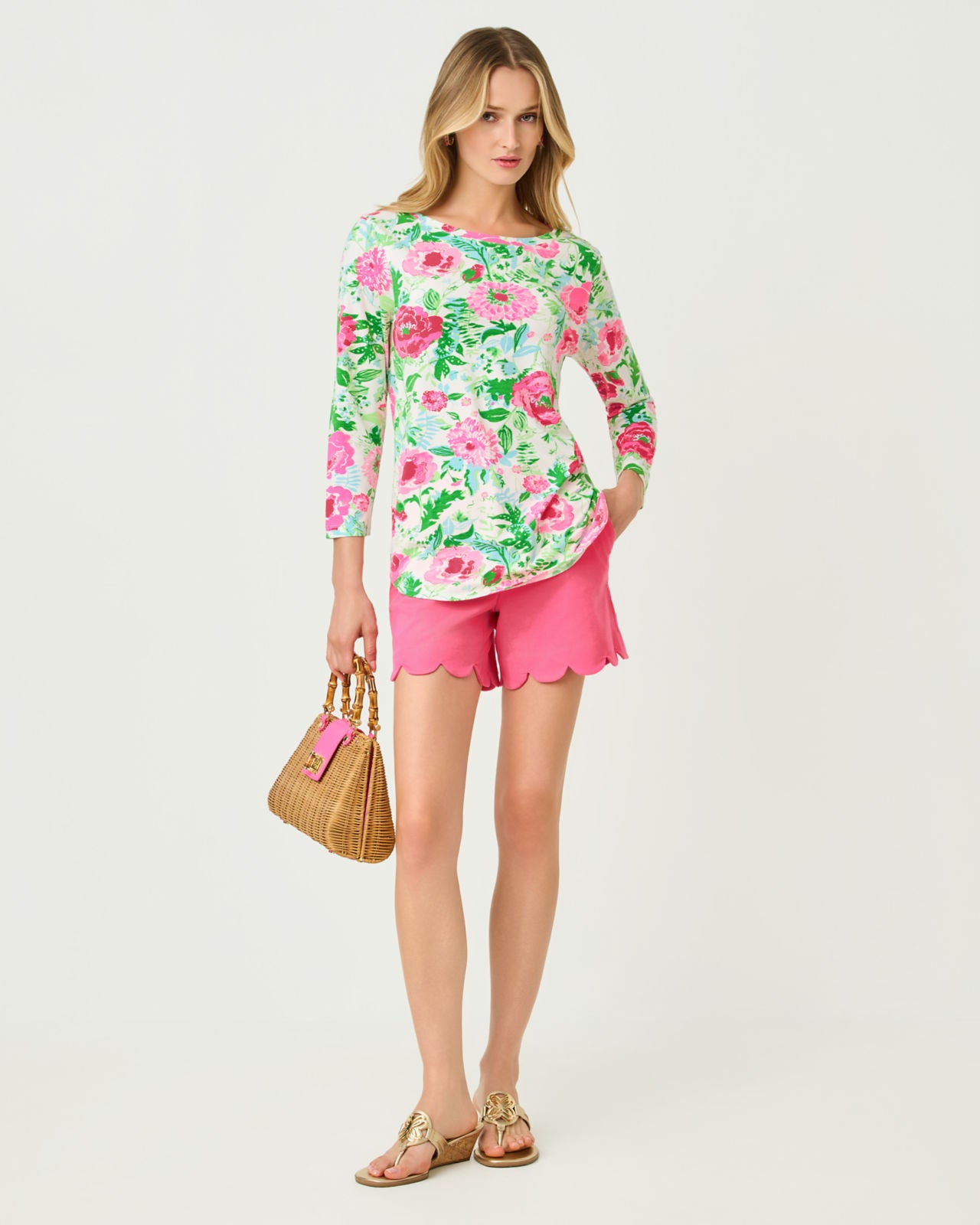 Key West 3/4 Sleeve Top In Multi Poppy Party