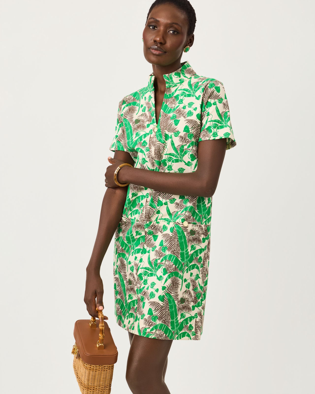 Short Sleeve Rosee Dress In Hide And Leaf