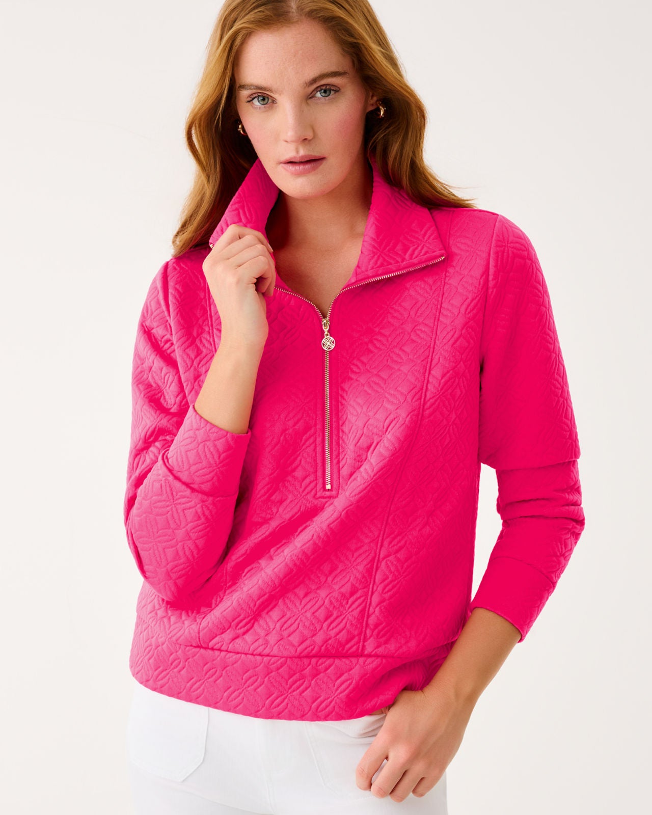 Eleni Pullover In Sun Shell Pink Butterfly Quilted Knit