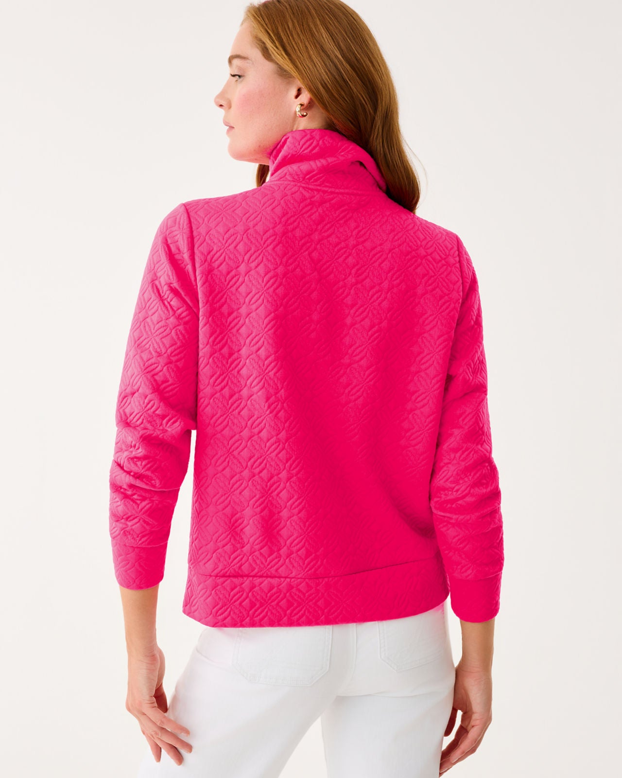 Eleni Pullover In Sun Shell Pink Butterfly Quilted Knit