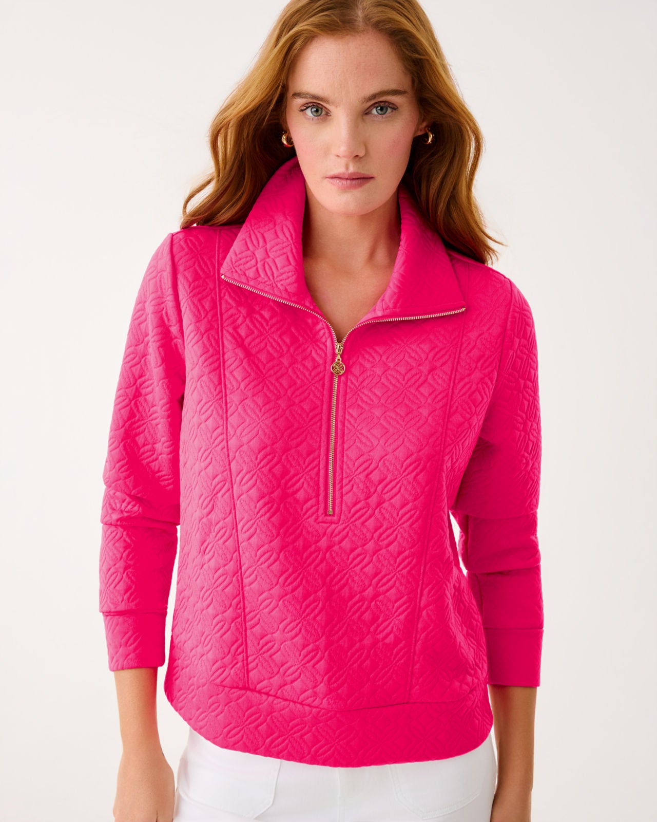 Eleni Pullover In Sun Shell Pink Butterfly Quilted Knit