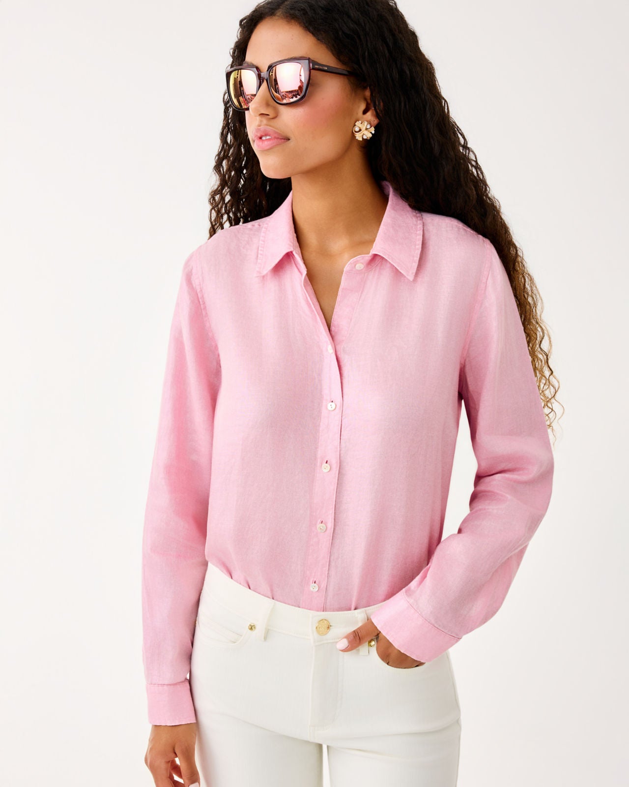 Sea View Metallic Button Down In Conch Shell Pink Foil