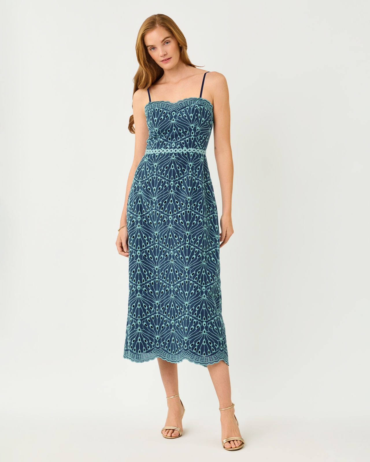 Arlin Midi Dress In Starlight Navy X Capri Blue Queen Scallop Eyelet