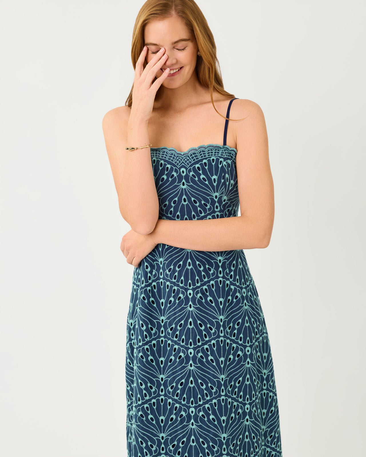 Arlin Midi Dress In Starlight Navy X Capri Blue Queen Scallop Eyelet