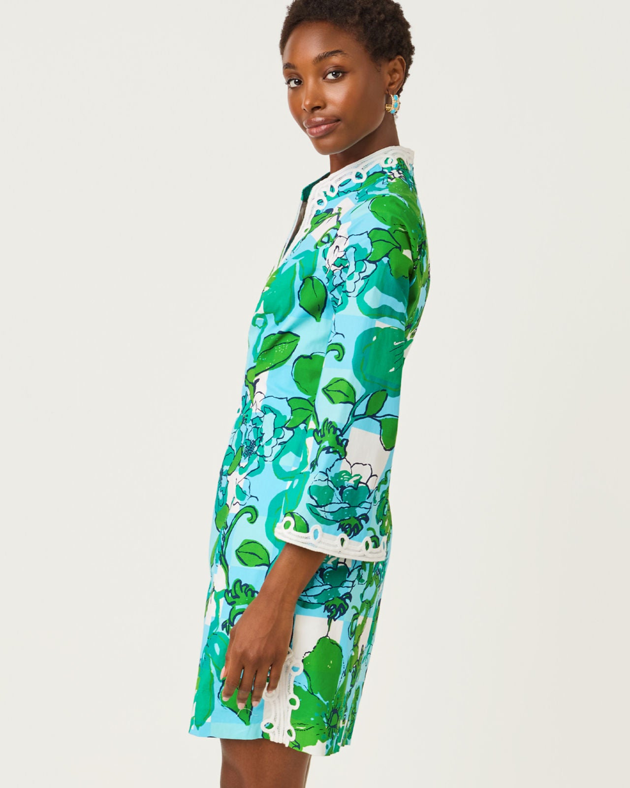 Shealyn 3/4 Sleeve Stretch Cotton Dress In Capri Blue Rousseaus Roses Overlay