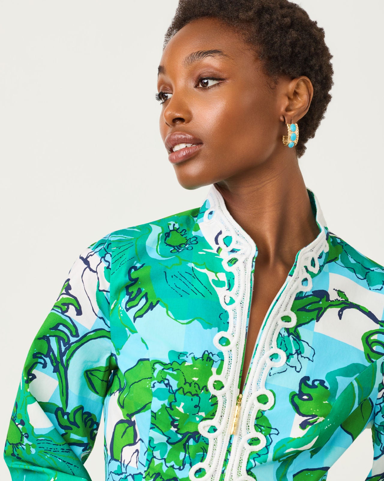 Shealyn 3/4 Sleeve Stretch Cotton Dress In Capri Blue Rousseaus Roses Overlay