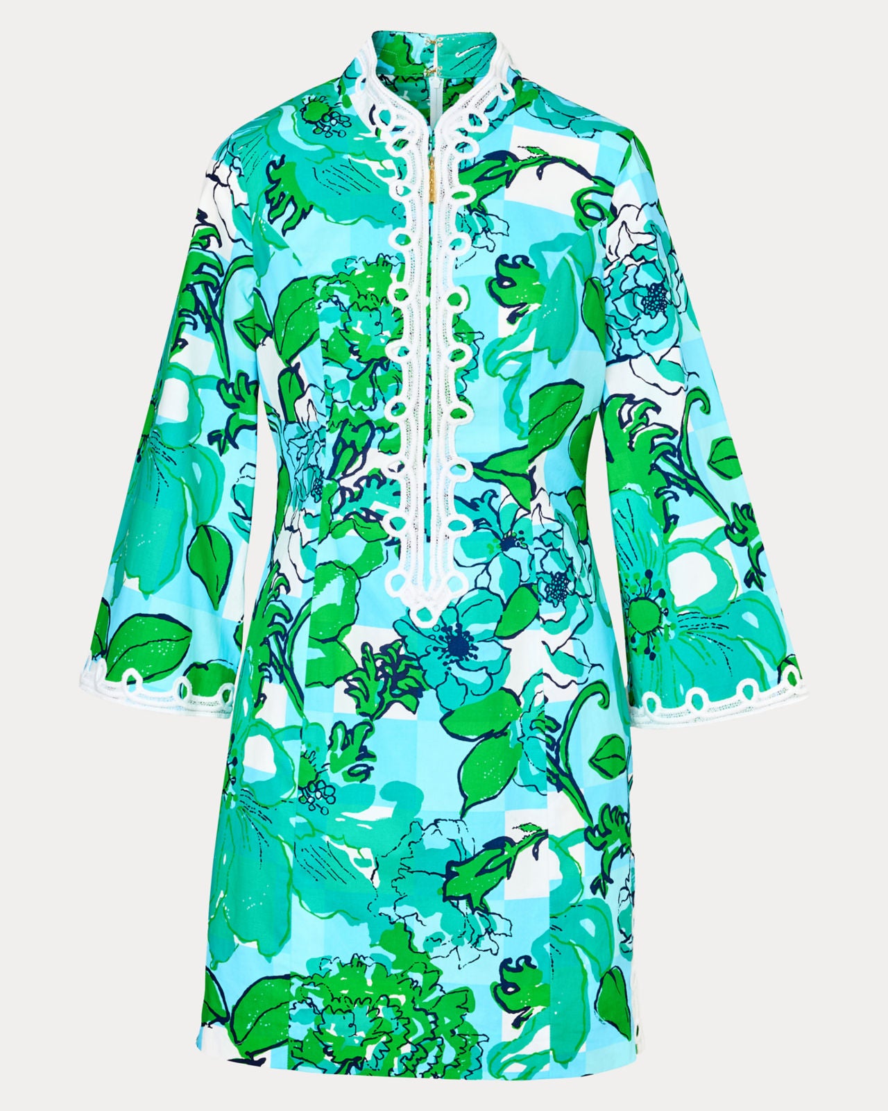 Shealyn 3/4 Sleeve Stretch Cotton Dress In Capri Blue Rousseaus Roses Overlay