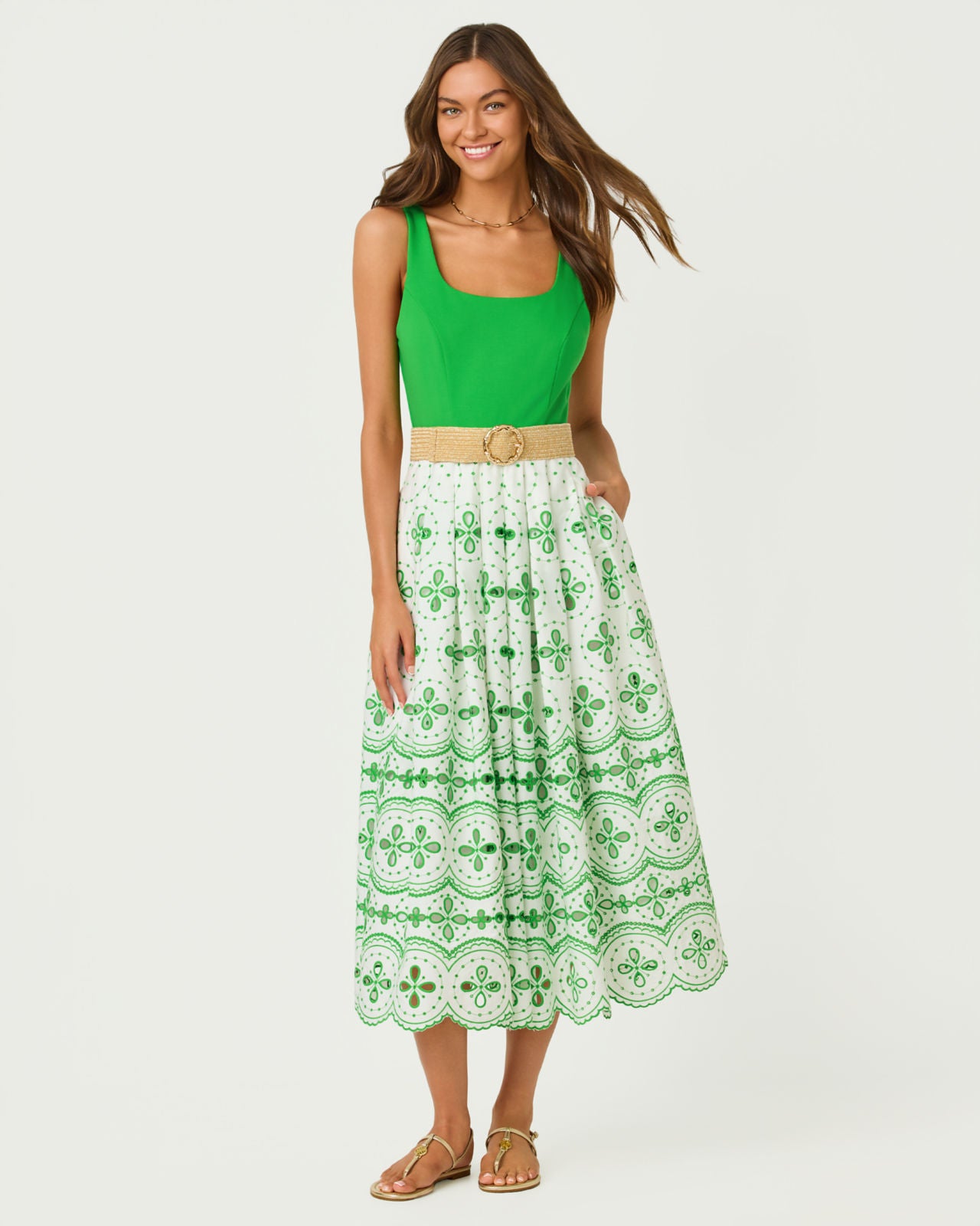 Lissette Midi Dress In Putting Green Spring Showers Eyelet