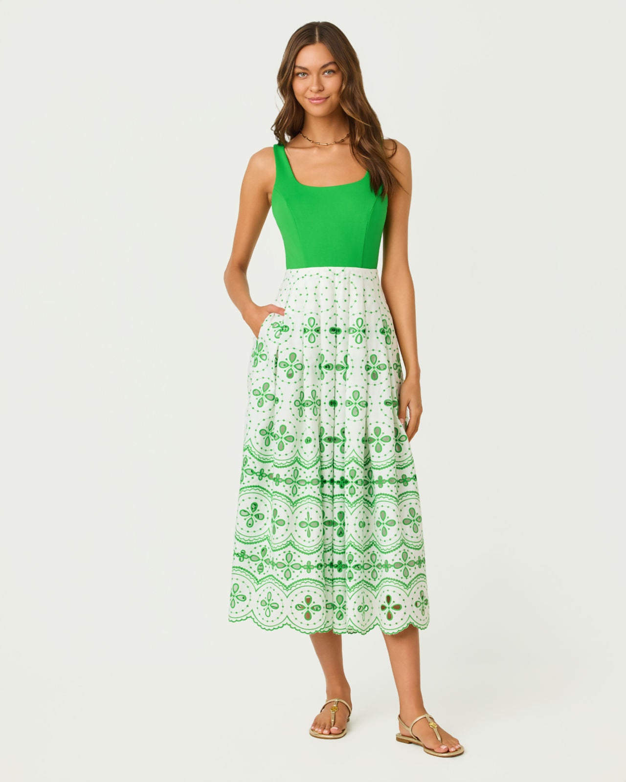Lissette Midi Dress In Putting Green Spring Showers Eyelet