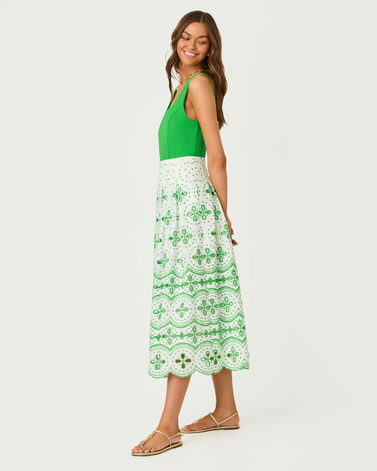 Lissette Midi Dress In Putting Green Spring Showers Eyelet