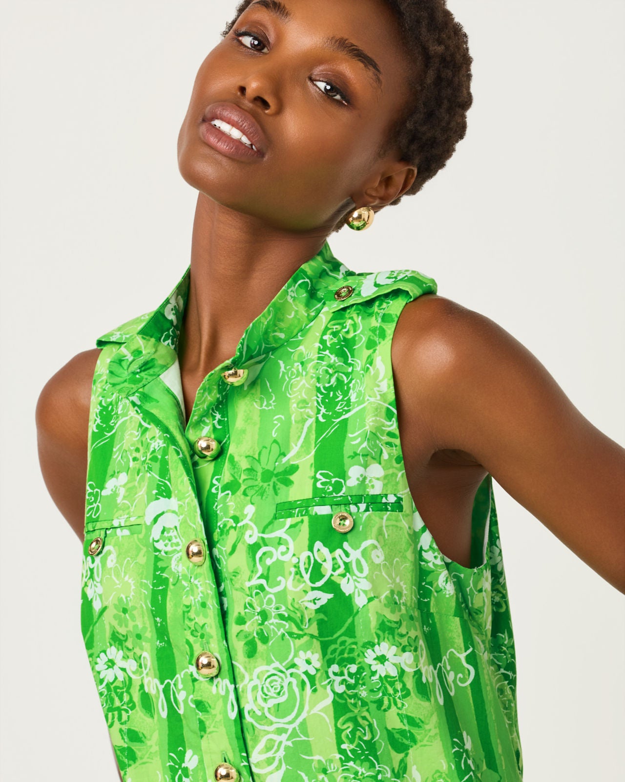 Zorella Shift Dress In Jackfruit Green Roseys Petals Overlay