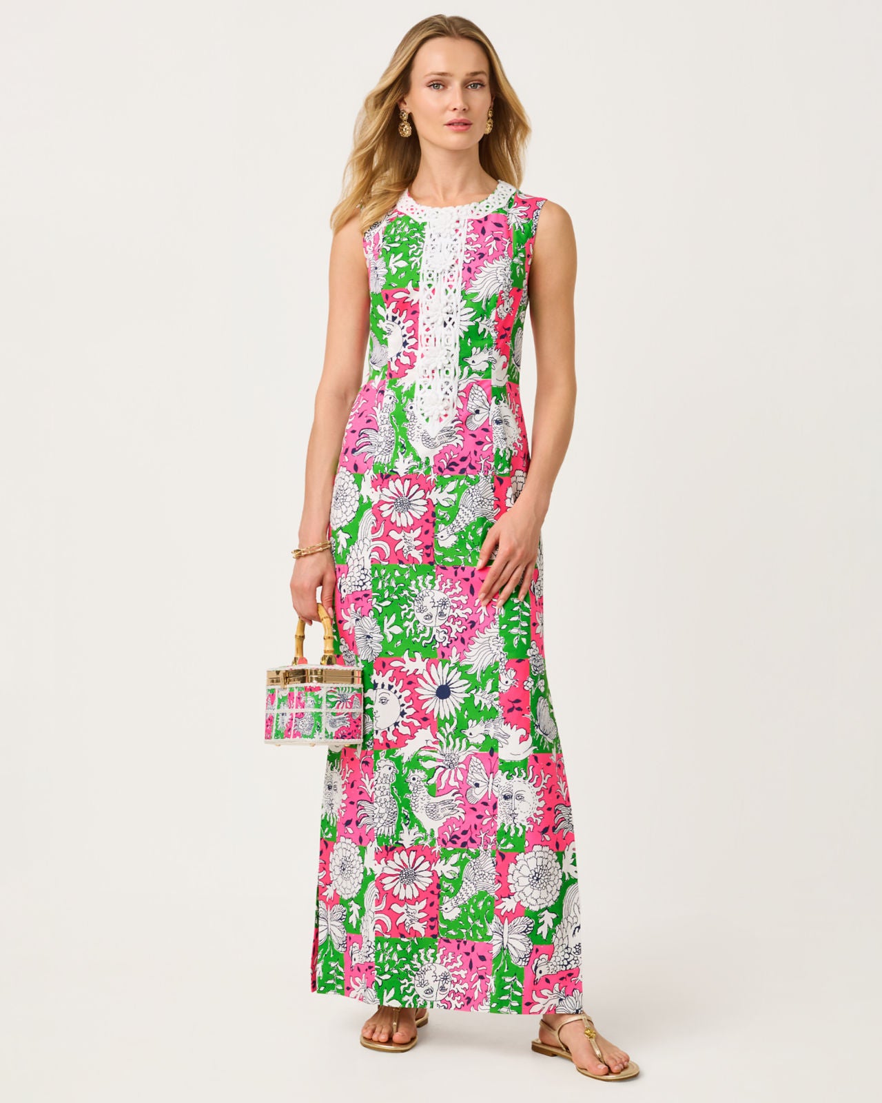 Barberine Stretch Maxi Shift Dress In Cherry Blossom Pink Chicken Check