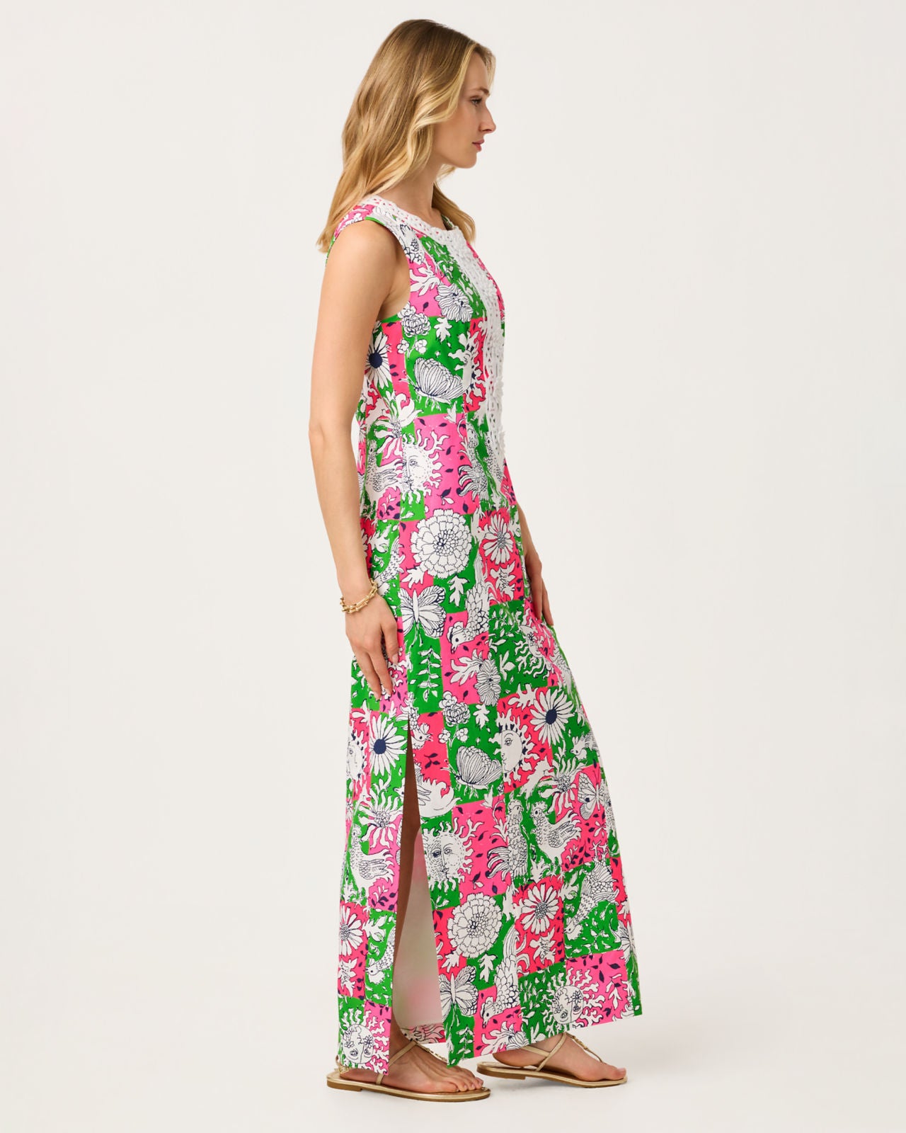 Barberine Stretch Maxi Shift Dress In Cherry Blossom Pink Chicken Check