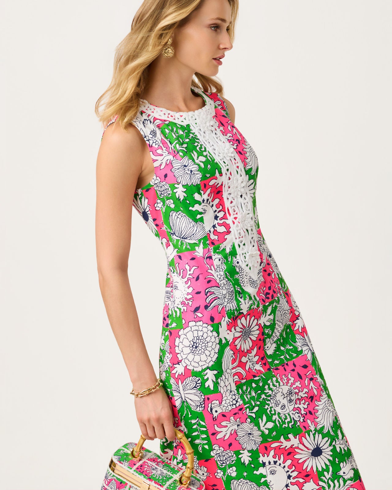 Barberine Stretch Maxi Shift Dress In Cherry Blossom Pink Chicken Check