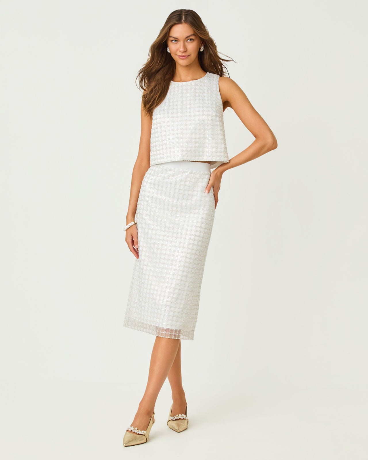 Lathan Sleeveless Crop Top In Iridescent Metallic Pearl Grid Mesh