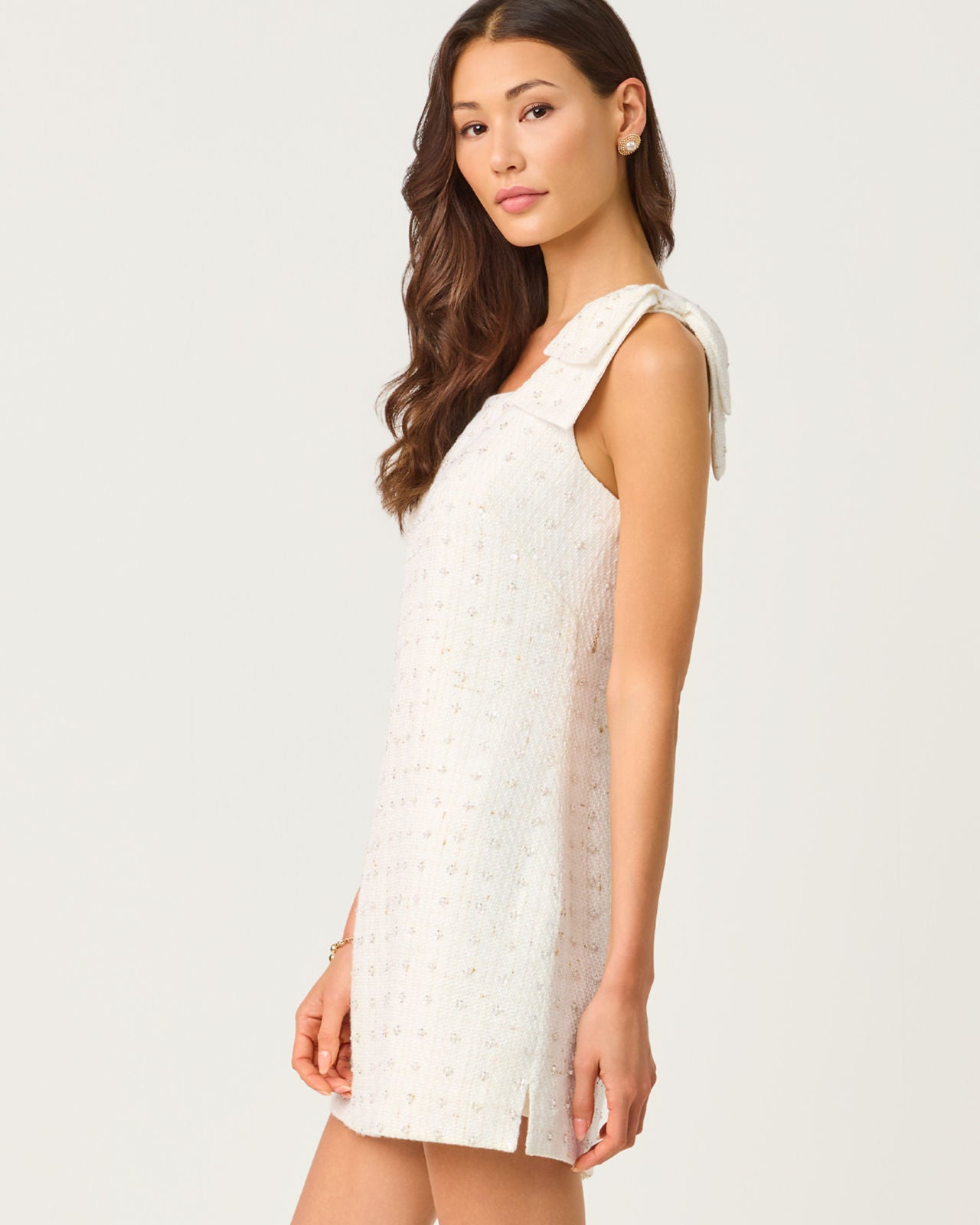 Anders Skirted Romper In Resort White Flower Pearl Embellished Boucle