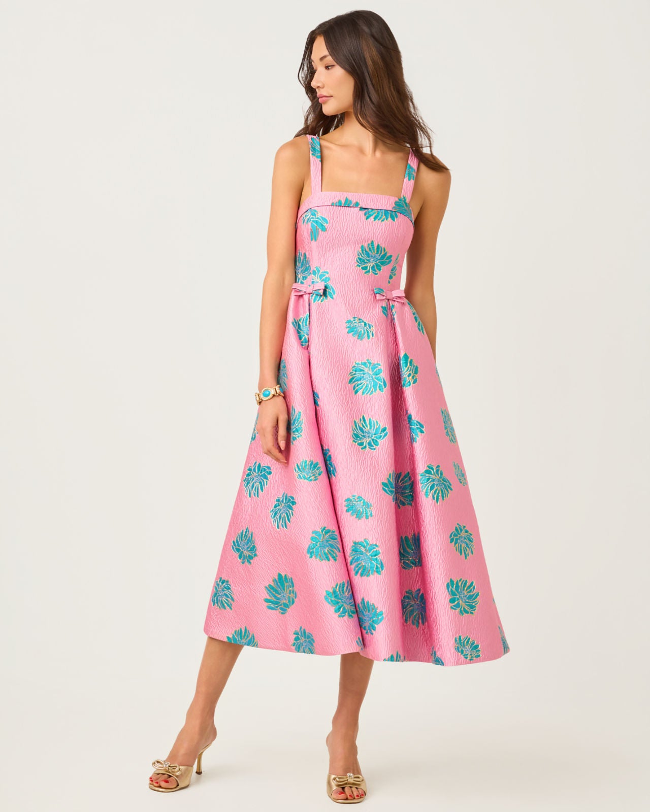 Rissy Midi Dress In Conch Shell Pink Jungle Flower Brocade