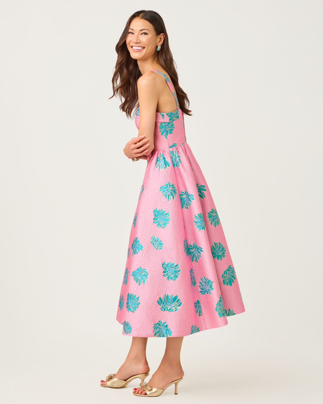 Rissy Midi Dress In Conch Shell Pink Jungle Flower Brocade