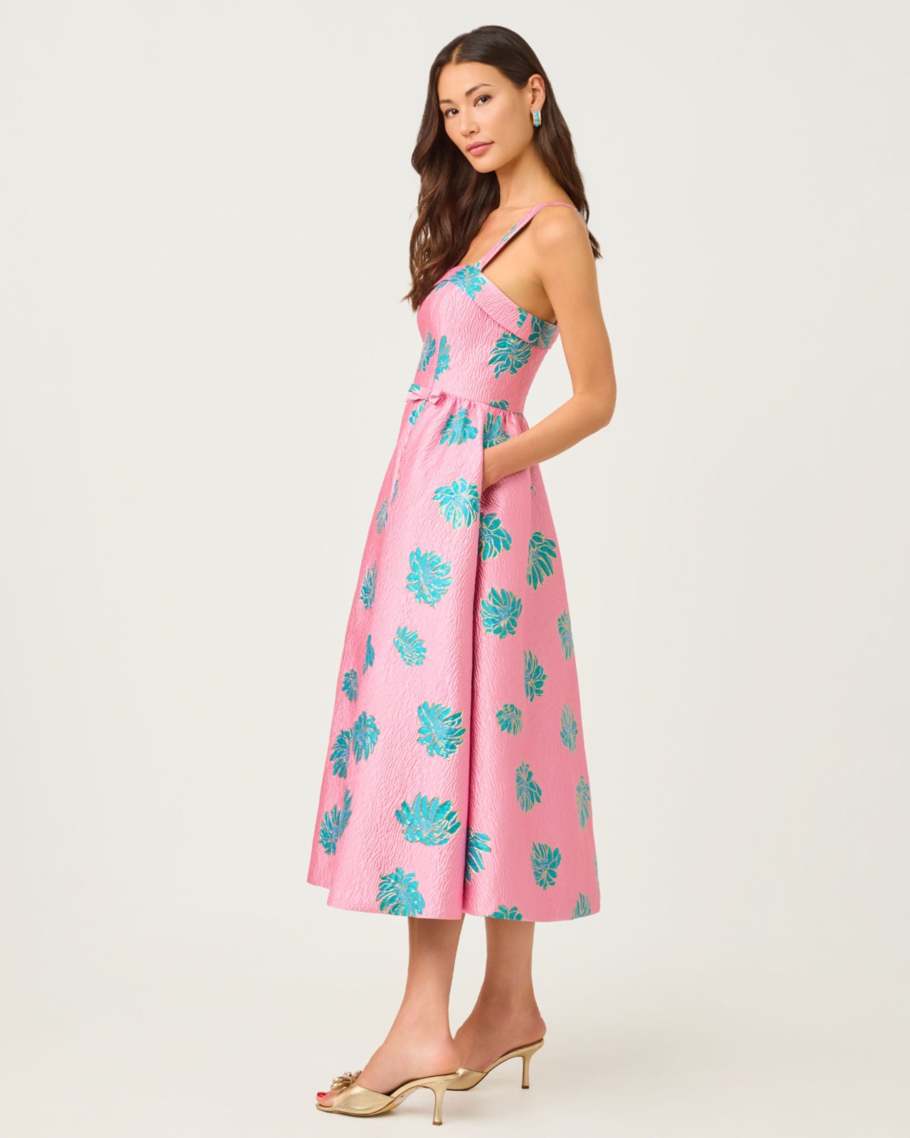 Rissy Midi Dress In Conch Shell Pink Jungle Flower Brocade