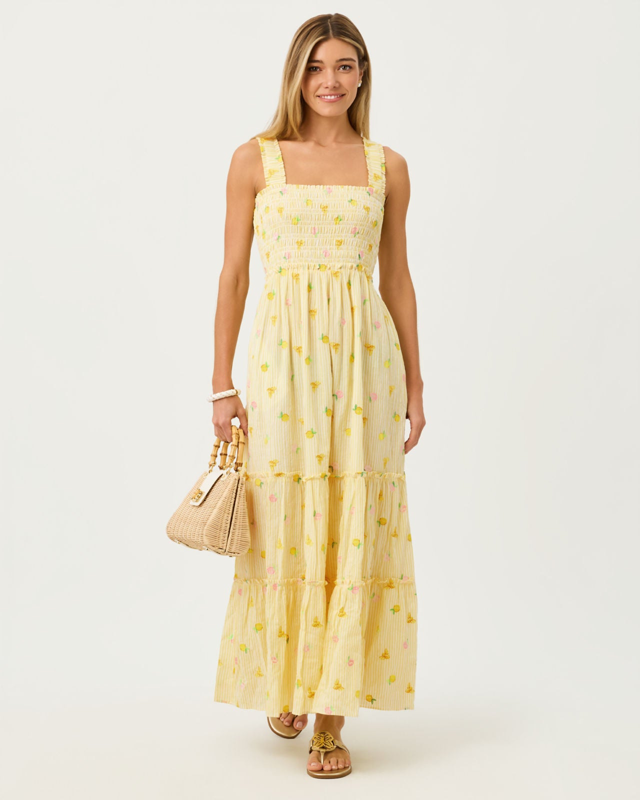 Hadly Smocked Maxi Dress In Oxford Stripe With Lemon Bee Embroidery