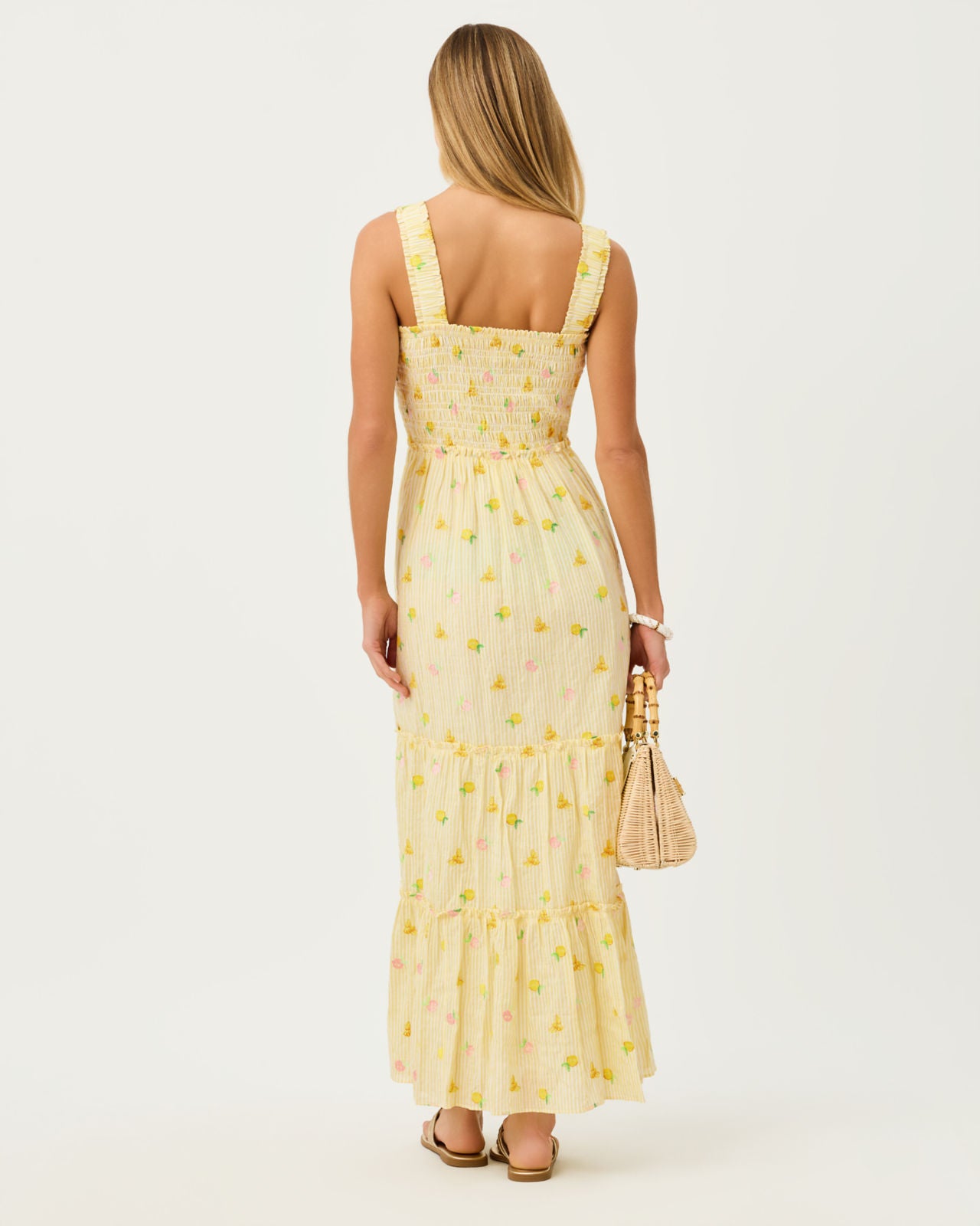Hadly Smocked Maxi Dress In Oxford Stripe With Lemon Bee Embroidery