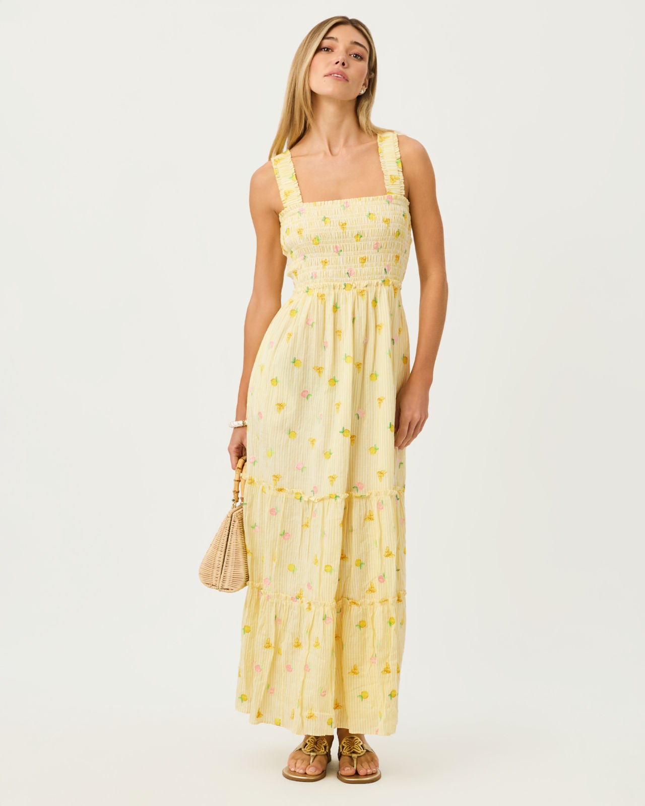 Hadly Smocked Maxi Dress In Oxford Stripe With Lemon Bee Embroidery