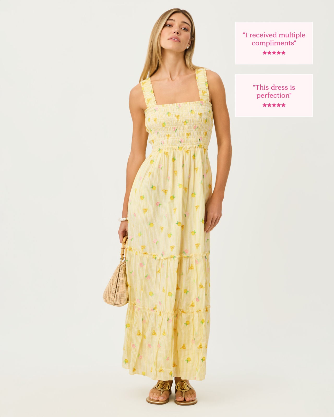 Hadly Smocked Maxi Dress In Oxford Stripe With Lemon Bee Embroidery