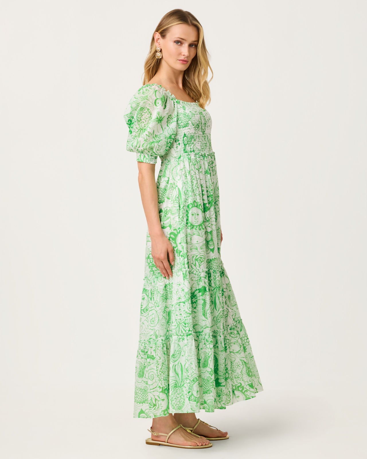 Hadly Short Sleeve Smocked Maxi Dress In Putting Green Fleur De Lilly